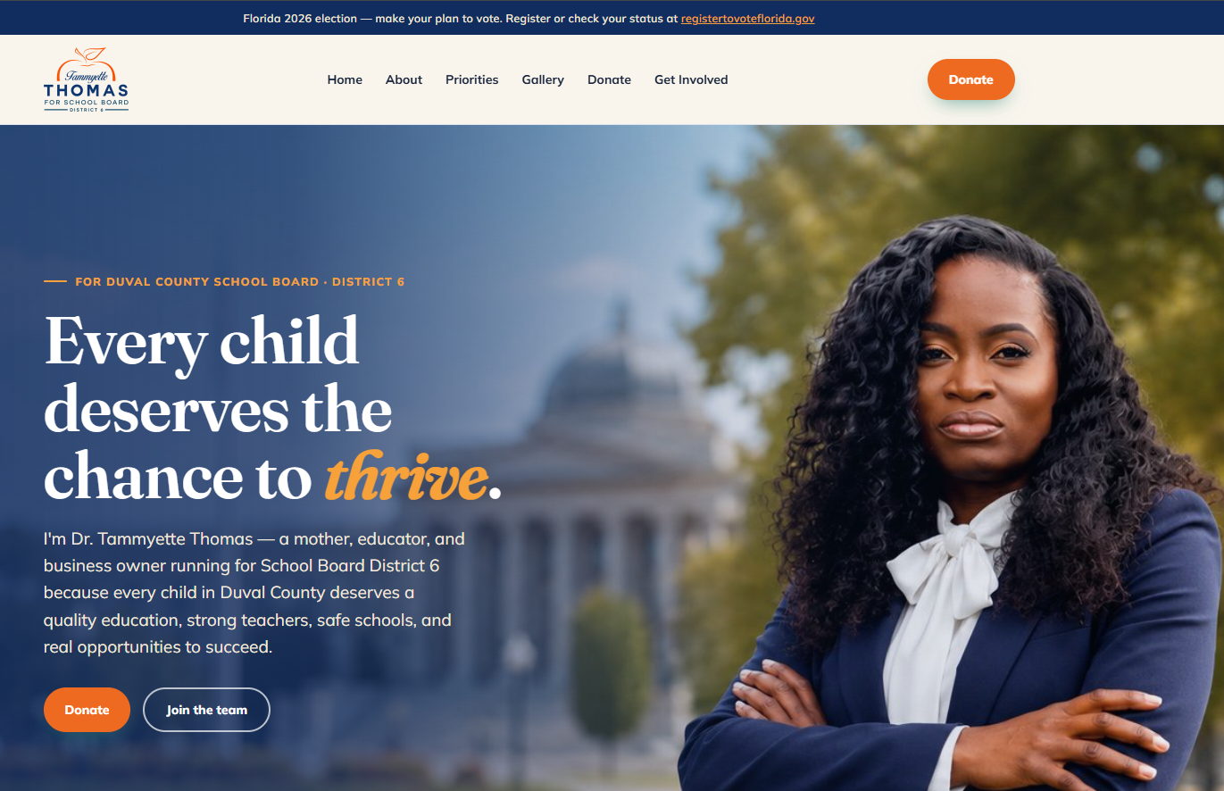Dr. Tammyette Thomas — Duval County School Board campaign website by Ape Studios